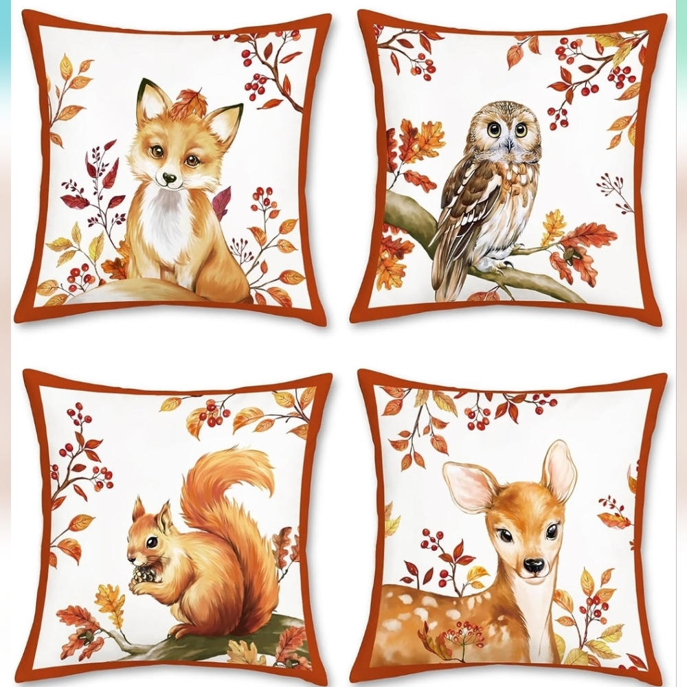 4 Fall woodland animals pillow pillowcovers pillowcase set fox deer squirrel owl - Picture 1 of 5